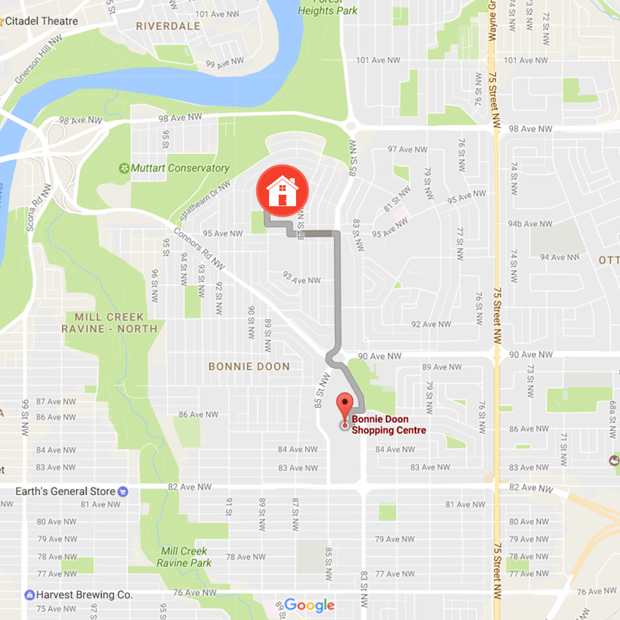 Map showing Distance to Bonnie Doon Shopping Center from Strathearn Heights